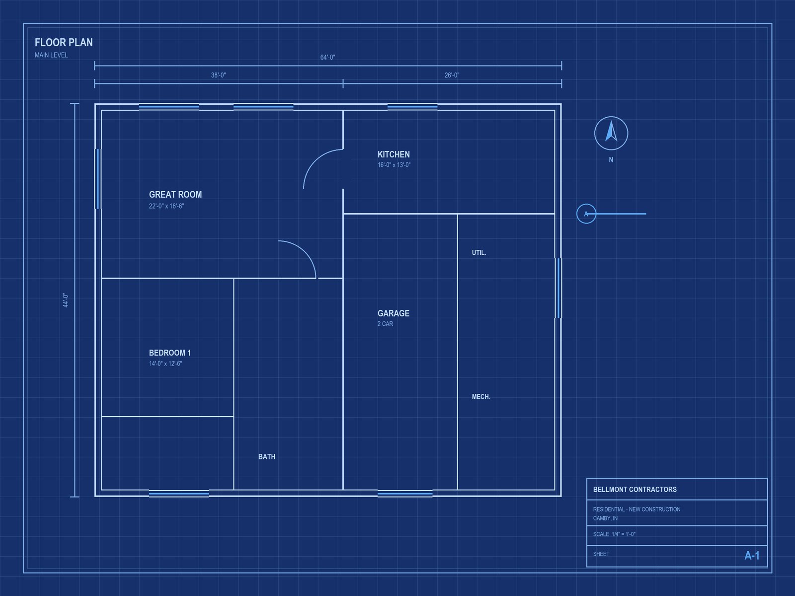 Architectural floor plan drawing for a Bellmont Contractors residential new-construction project, sheet A-1